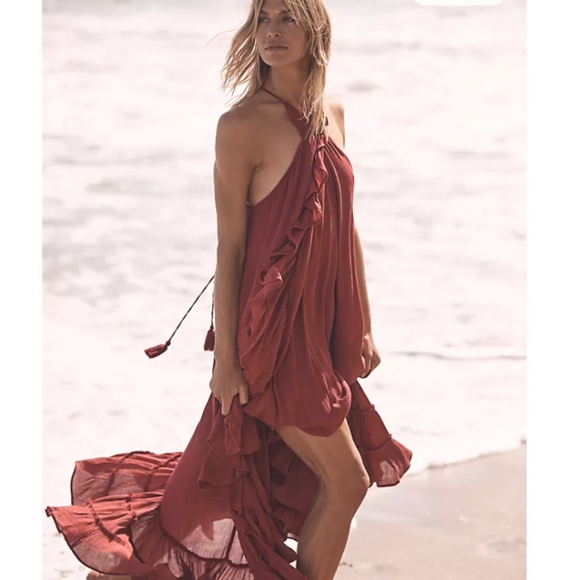 Free People Tiered Summer Wrap Around Ruffle Maxi Dress Red Berry Size XS - Picture 2 of 9